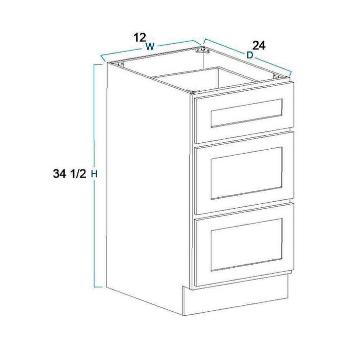 York Driftwood Grey Three Drawer Base Cabinet 12"